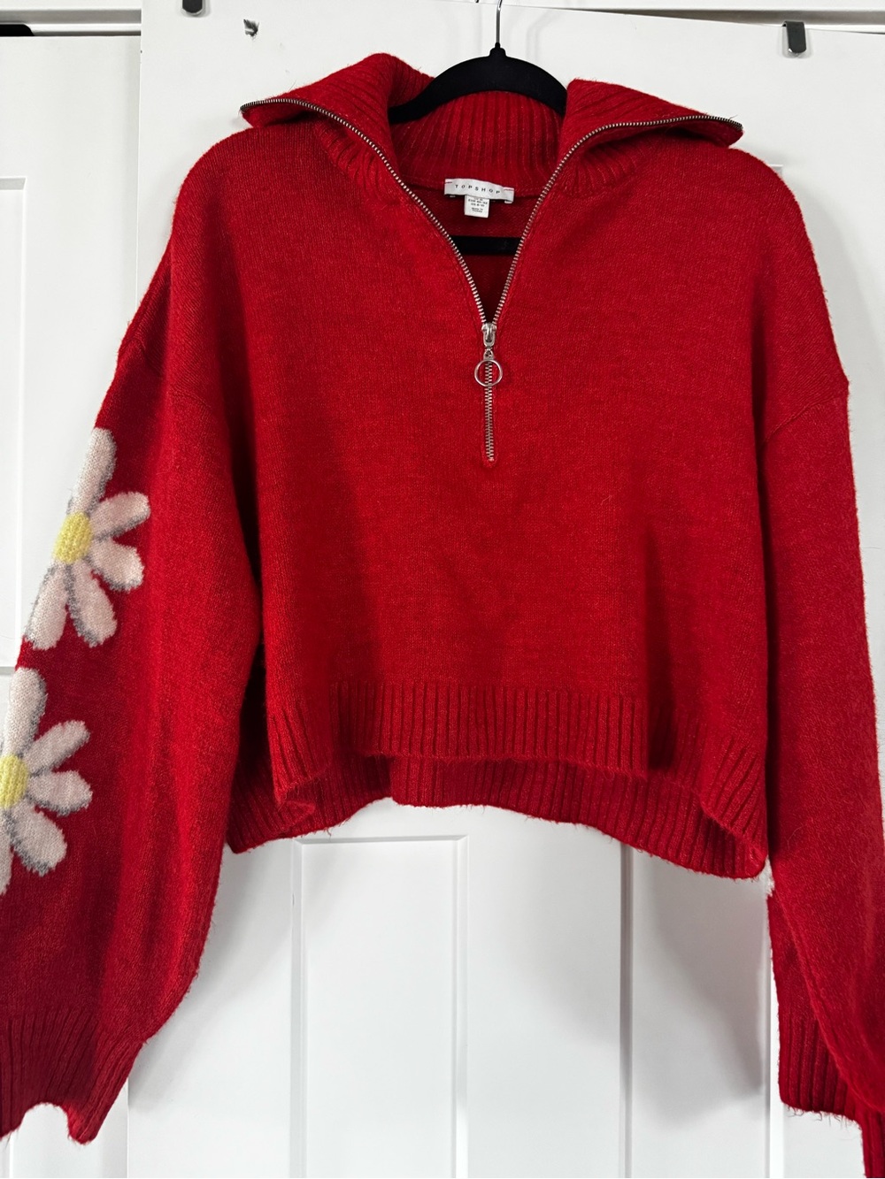 Topshop Red Cropped Half-Zip Turtleneck Sweater with Daisy Sleeves